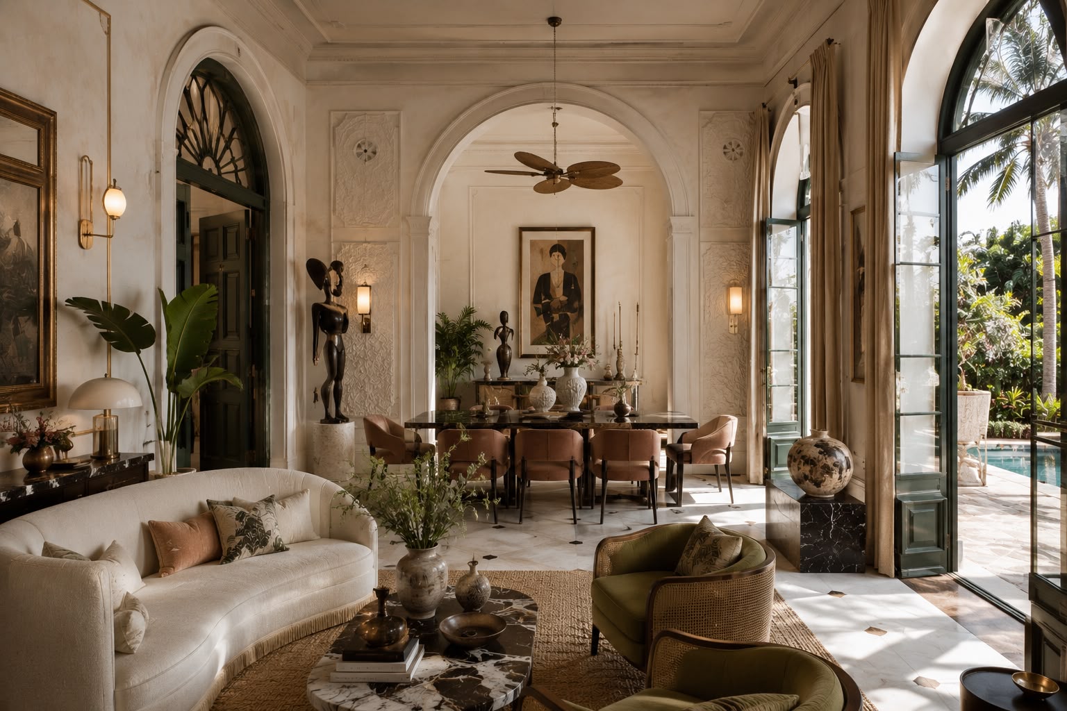 Arched living room with sculptural seating and tropical light