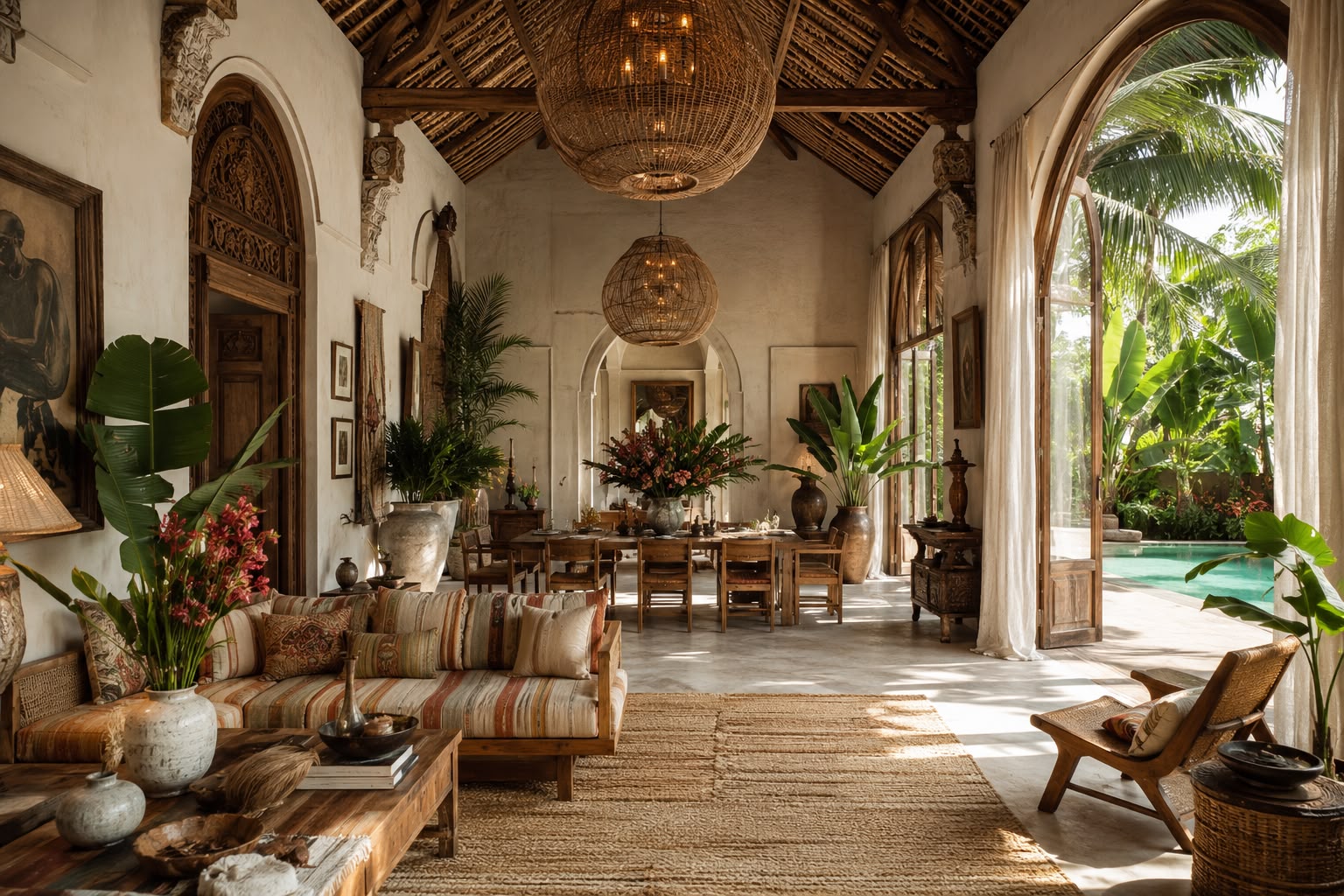 Open pavilion interior with woven pendants and poolside view